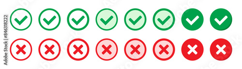 Right or wrong icons. Green tick and red cross checkmarks. Yes or no symbol, approved or rejected icon for user interface.