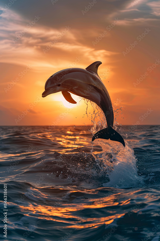 Obraz premium Majestic dolphin leaping out of the water at sunset, creating a stunning and dynamic wildlife photography composition