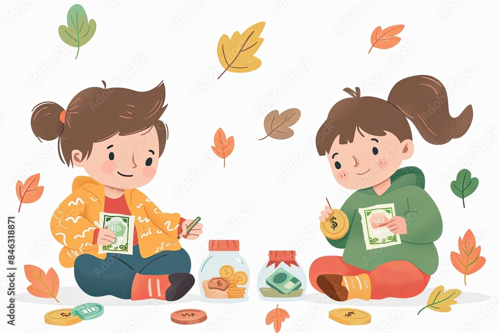 An adorable illustration that shows two cute cartoon female children's generousness by sharing some dessert in a candy jar with each other happily. An adorable illustration that shows two cute cartoon female children's generousness by sharing some dessert in a candy jar with each other happily.