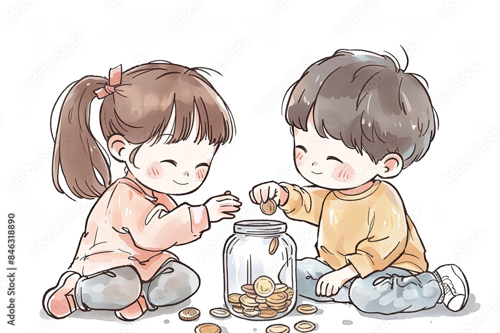 An adorable illustration that shows two cute cartoon female children's generousness by sharing some dessert in a candy jar with each other happily. An adorable illustration that shows two cute cartoon female children's generousness by sharing some dessert in a candy jar with each other happily.