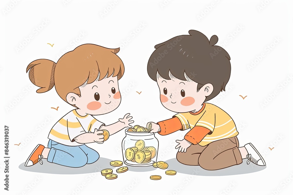 An adorable illustration that shows two cute cartoon female children's generousness by sharing some dessert in a candy jar with each other happily.