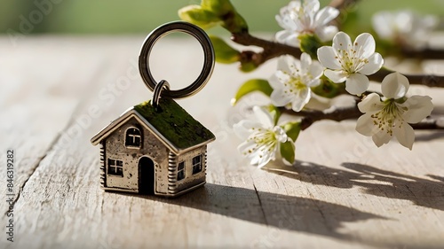 Photograph a key ring with a house-shaped charm hanging delicately from a blooming branch