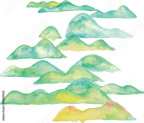 水彩画。水彩タッチで描いた山のイラスト。水彩の山々。手描きの自然背景。夏の森林風景。Watercolor painting. Illustration of mountains with watercolor touch. Mountains in watercolor. Hand painted nature background. Forest landscape in summer.
