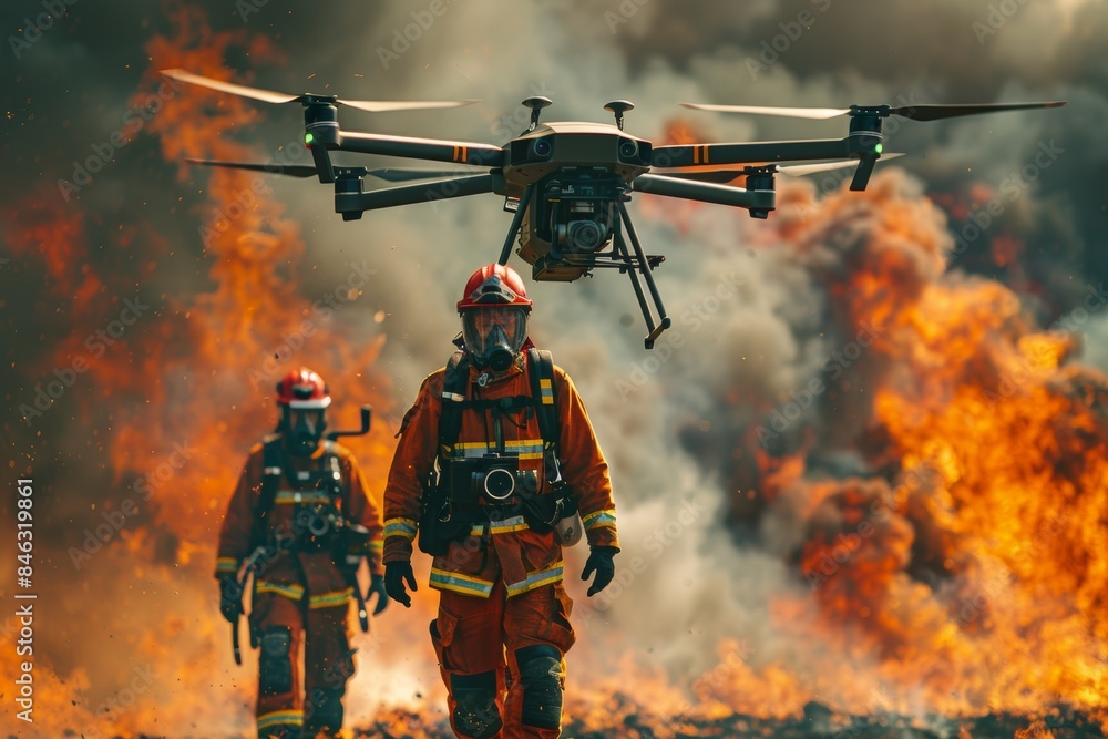 Dramatic Aerial View of Firefighters in Action Generative AI Dramatic Aerial View of Firefighters in Action Generative AI