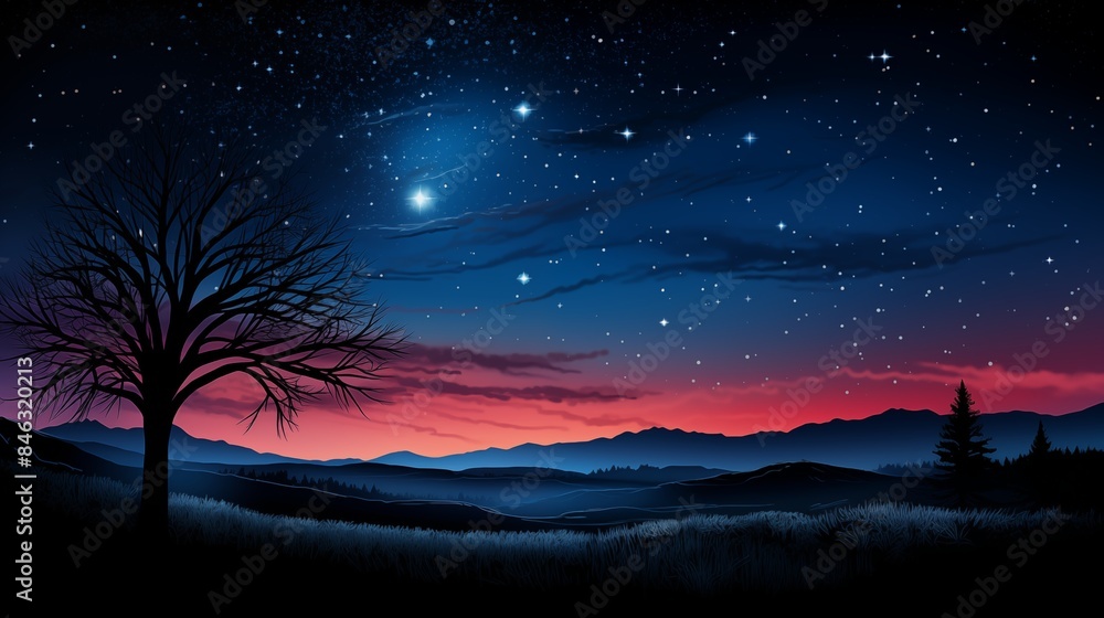 Naklejka premium Starry Night Landscape with a Silhouetted Tree and Distant Mountains