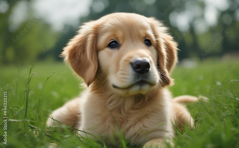 A cute golden retriever puppy is lying in the green grass. A cute golden retriever puppy is lying in the green grass.