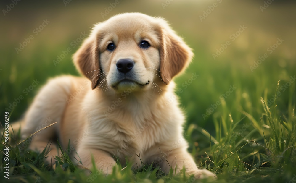 A cute golden retriever puppy is lying in the green grass. A cute golden retriever puppy is lying in the green grass.