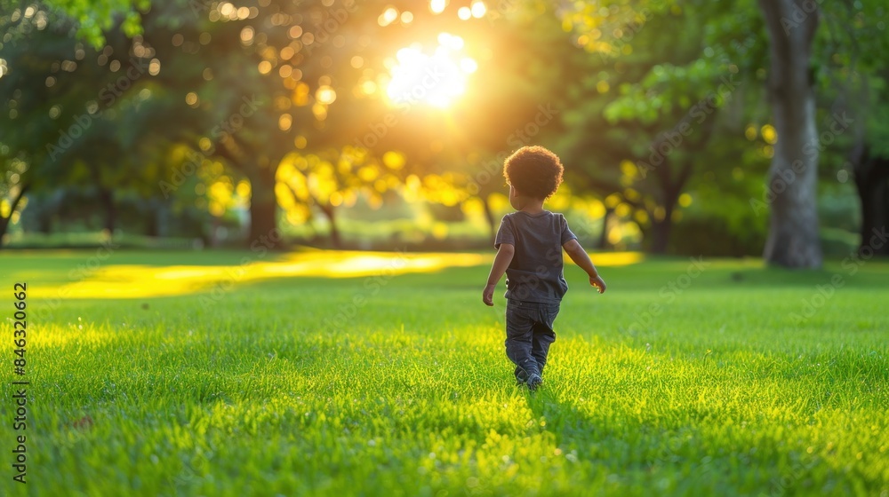 A young boy is walking through a park on a sunny day. The grass is lush and green, and the sun is shining brightly overhead. The boy appears to be enjoying his time outside A young boy is walking through a park on a sunny day. The grass is lush and green, and the sun is shining brightly overhead. The boy appears to be enjoying his time outside