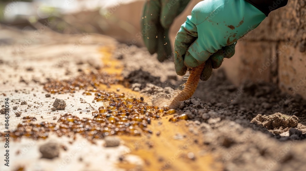 Obraz premium Expert pest management service applying termite treatment to soil, advanced and safe methods for thorough eradication and prevention
