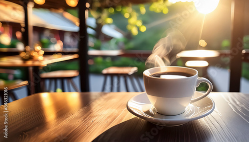 意識高い朝のカフェ日差しを受けて湯気が浮かぶコーヒー・エスプレッソの入ったカップ　飲み物・朝食・リラックス・休憩のイメージ photo