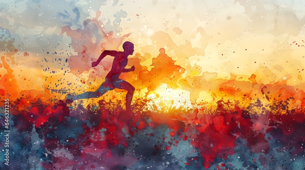 Determined Runner Silhouette Surging Through Vibrant Watercolor Sunrise Landscape Determined Runner Silhouette Surging Through Vibrant Watercolor Sunrise Landscape