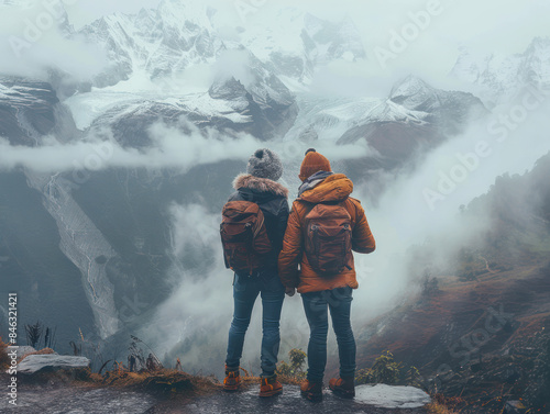 Adventurous Journey Exploring Majestic Mountain Landscapes in Winter Two People with Backpacks Amidst Mist and Snow Covered Peaks photo