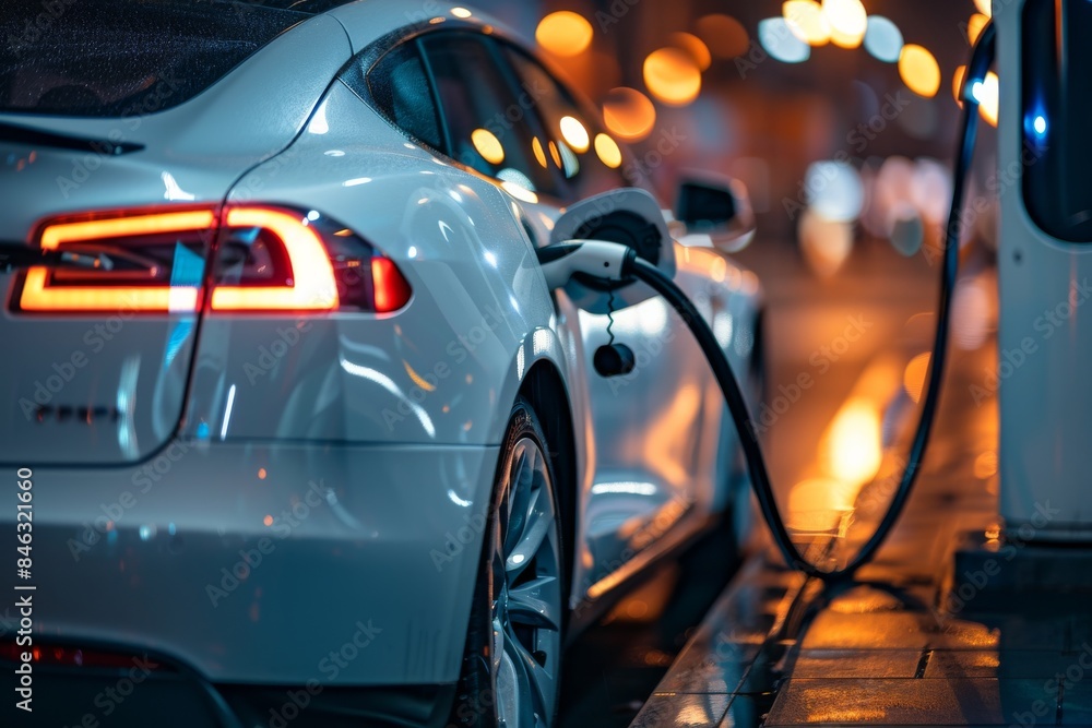 An Electric Car Charging Station at night symbolizes a shift towards a cleaner, sustainable future with ecofriendly energy sources, embracing modern urban transportation in cities An Electric Car Charging Station at night symbolizes a shift towards a cleaner, sustainable future with ecofriendly energy sources, embracing modern urban transportation in cities
