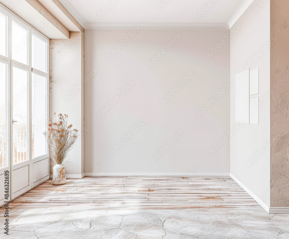 Obraz premium Window in an empty room with neutral tones. Home interiors with copy space.