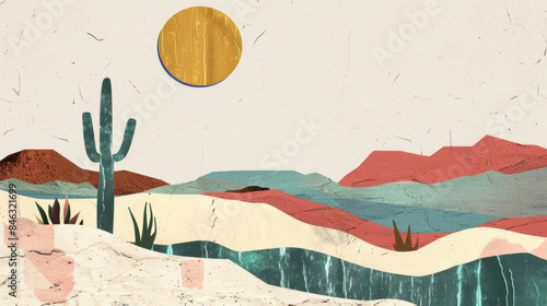 cactus plants and sunset in Mexico desert, art collage style poster, retro, vintage, old fashioned, bright colors