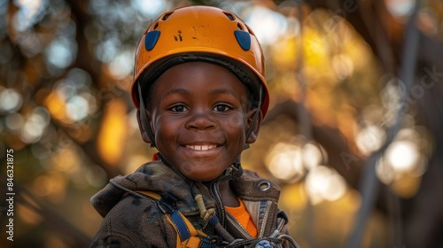 A young boy wearing a yellow helmet and a brown jacket is smiling © evgenia_lo