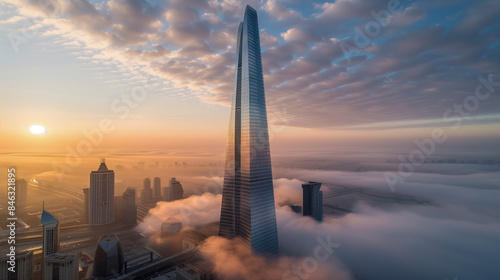 Futuristic city skyscraper rising high above the clouds. 