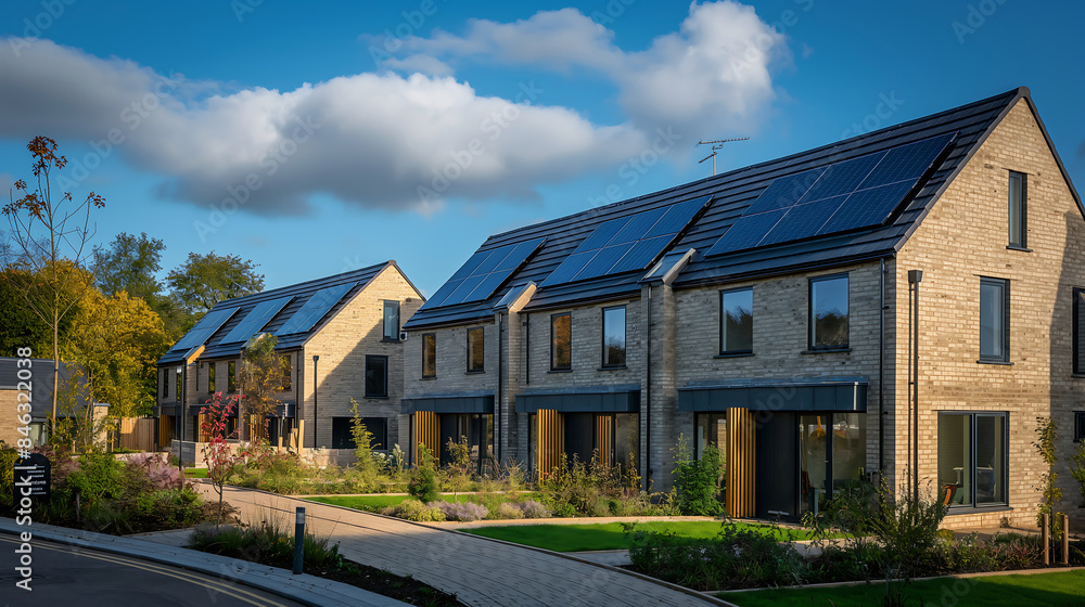 A row of modern townhouses with solar panels installed on their roofs A row of modern townhouses with solar panels installed on their roofs