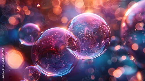 Floating bubbles with light reflections and shadows on a dark background, iridescent colors, hd quality, realistic rendering, 3D effect, ethereal glow, surreal design, dynamic composition.
