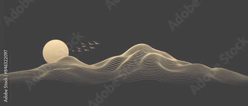 Vector abstract art landscape mountain with birds and sunrise sunset by golden line art texture isolated on dark grey black background. Minimal luxury style for wallpaper, wall art decoration.