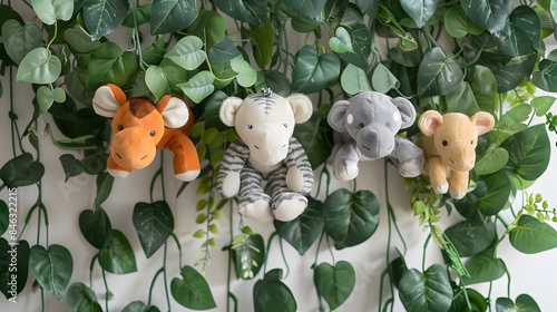 Fototapeta Naklejka Na Ścianę i Meble -  Whimsical Jungle Vine Wall Hanging with Adorable Plush Animal Toys Peeking Out