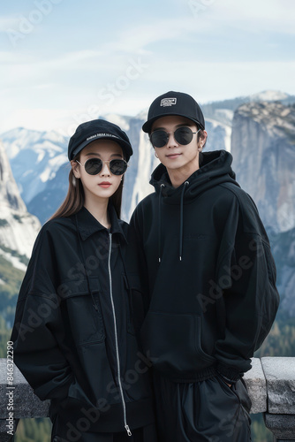 Stylish Couple in Black Outfits Posing in Scenic Mountain Landscape with Matching Sunglasses and Casual Hats © pisan