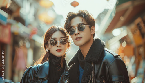 Stylish Couple in Sunglasses and Black Leather Jackets Exploring Vibrant City with Bright Lanterns and Sunny Day photo