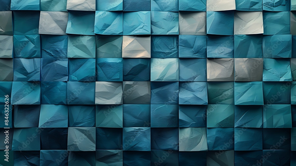 Folded paper squares in an origami style, intricate and detailed, shades of blue and green, hd quality, digital art, high contrast, geometric design, modern aesthetic, artistic abstraction. Folded paper squares in an origami style, intricate and detailed, shades of blue and green, hd quality, digital art, high contrast, geometric design, modern aesthetic, artistic abstraction.