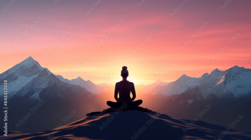 silhouette of  yoga pose doing Zen meditation on a high mountain peak at sunset. The couple is holding hands and their faces are serene. 