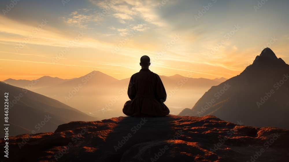 silhouette of a monk in a yoga pose doing Zen meditation on a high mountain peak at sunset. The monk is wearing robes and his head is shaved. silhouette of a monk in a yoga pose doing Zen meditation on a high mountain peak at sunset. The monk is wearing robes and his head is shaved.