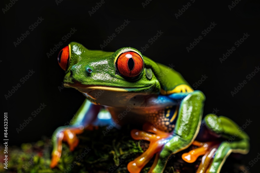 Naklejka premium Close-up of a colorful tree frog with vibrant red eyes and a green body, perched on a mossy branch against a black background.