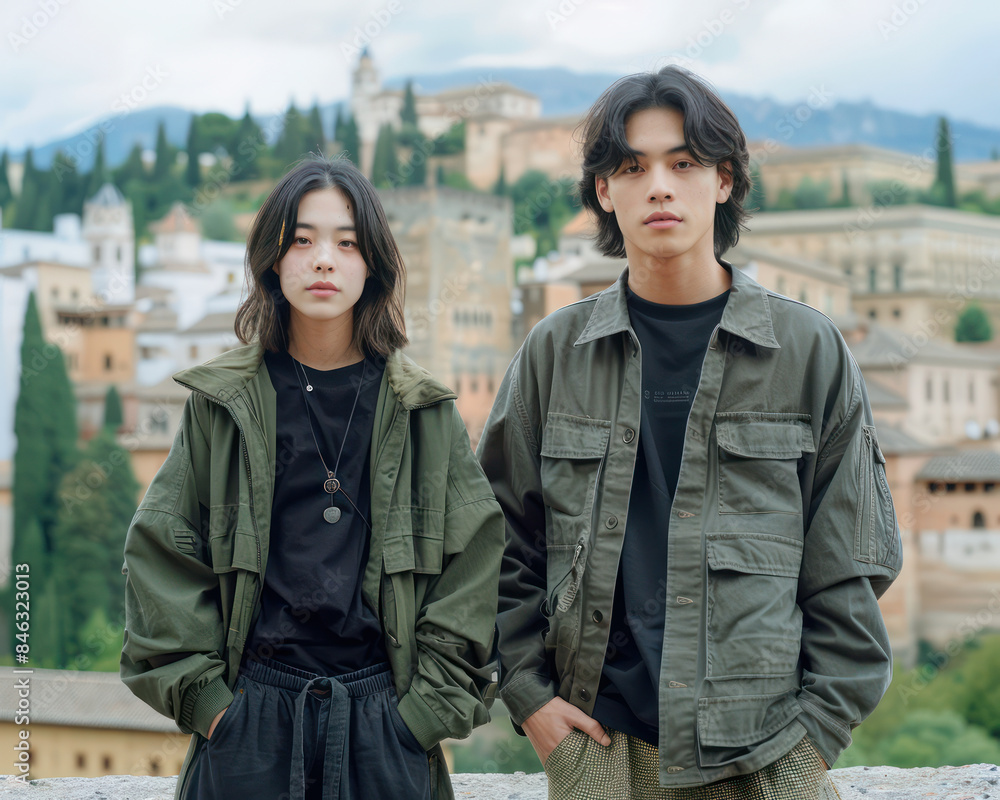 Fototapeta premium Young Couple Exploring Scenic Historical Site, Lush Greenery and Ancient Architecture in Beautiful Travel Destination