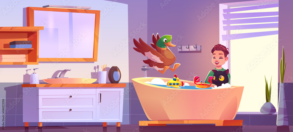Obraz premium Kid boy in bathroom bathe cat and duck with toys in tub with water and foam. Cartoon vector sink, mirror and furniture, window with blinds in home toilet room. Child with kitty and bird pets have fun.