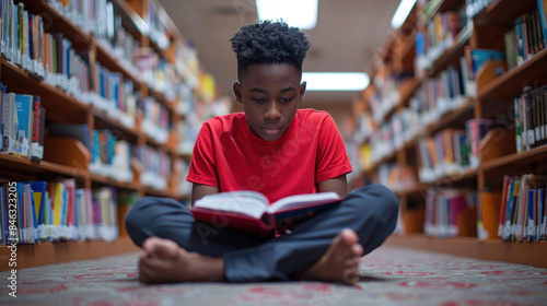A young boy is sitting on the floor in a library, reading a book. Concept of quiet and concentration, as the boy is focused on his reading. The library setting suggests a place for learning