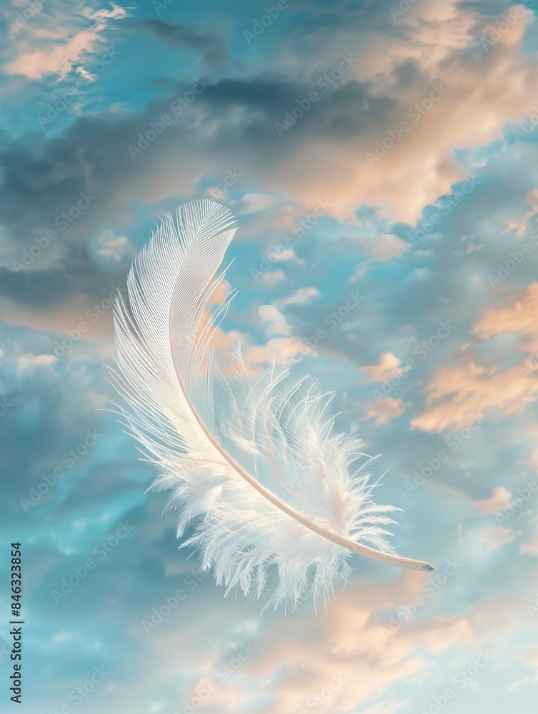 A white feather is floating in the sky above a blue and pink sky A white feather is floating in the sky above a blue and pink sky