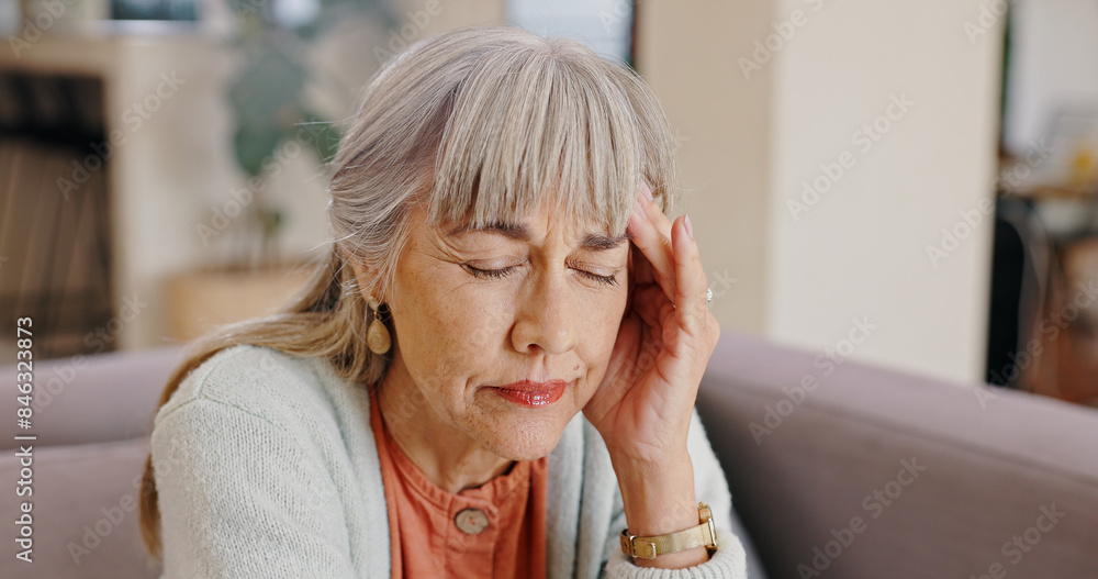 Senior woman, thinking and stress in nursing home, hand and memory of past, retirement and depression in lounge. Grandma, lonely and couch of house, widow and elderly person with grief and sad Senior woman, thinking and stress in nursing home, hand and memory of past, retirement and depression in lounge. Grandma, lonely and couch of house, widow and elderly person with grief and sad