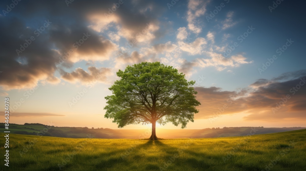 solitary tree standing tall on a grassy meadow, bathed in the warm glow of the setting sun. Blue sky with clouds and sun reflection. solitary tree standing tall on a grassy meadow, bathed in the warm glow of the setting sun. Blue sky with clouds and sun reflection.