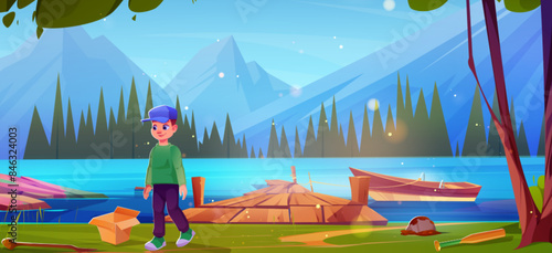 Teen boy in blue cap walking on river or lake bank with wooden pier and boat. Cartoon vector summer sunny landscape with mountain hills, pond with dock on water and trees. Smiling kid rest outdoors.