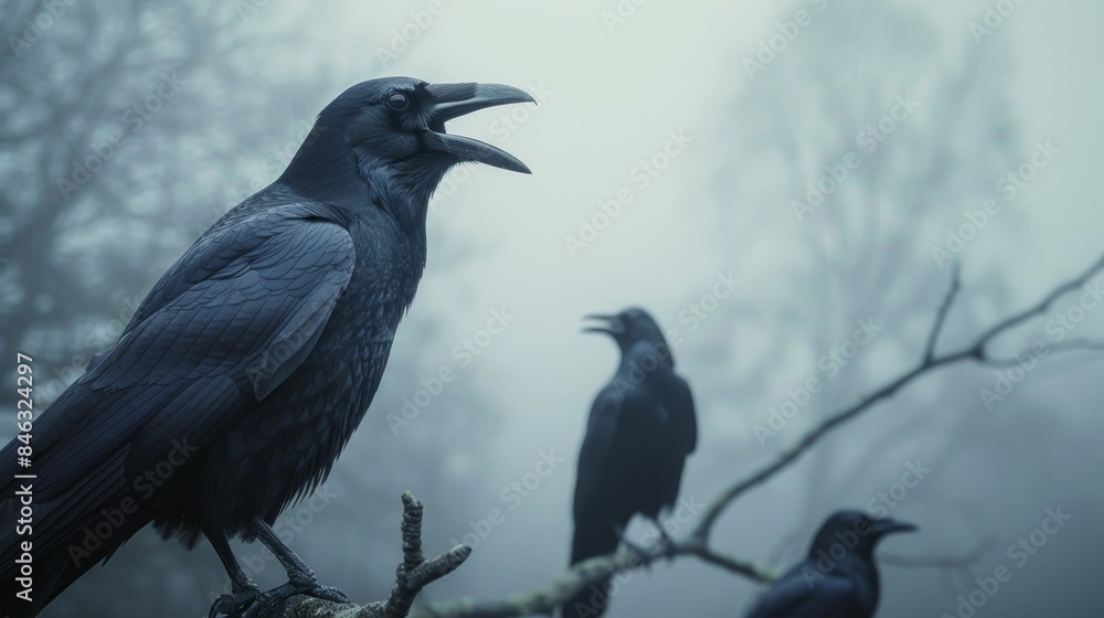 A group of crows perched on branches, with beaks open as if calling, creating a moody and eerie scene with dark tones, highlighting the social behaviour of these intelligent birds. A group of crows perched on branches, with beaks open as if calling, creating a moody and eerie scene with dark tones, highlighting the social behaviour of these intelligent birds.