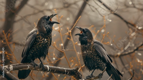 Two crows perched on a branch, calling out to each other. Ideal for wildlife or nature-themed designs. photo