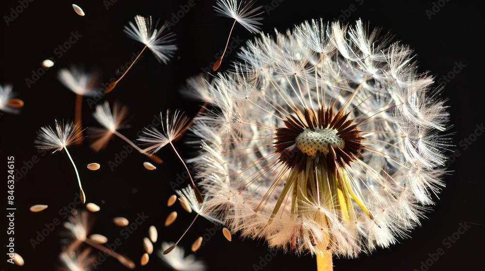 Fototapeta premium A close-up of a dandelion with seeds dispersing into the air against a black background, capturing a delicate and airy moment with a sense of motion and natural beauty.