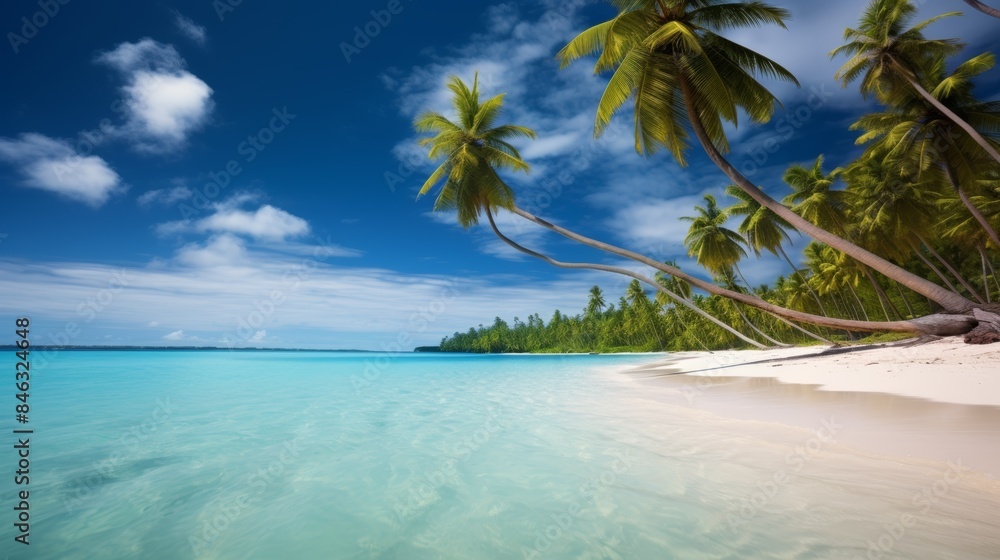 sun-drenched tropical beach, its white sand and turquoise waters sharply defined against the blurred background of swaying palm trees and a vibrant blue sky. sun-drenched tropical beach, its white sand and turquoise waters sharply defined against the blurred background of swaying palm trees and a vibrant blue sky.