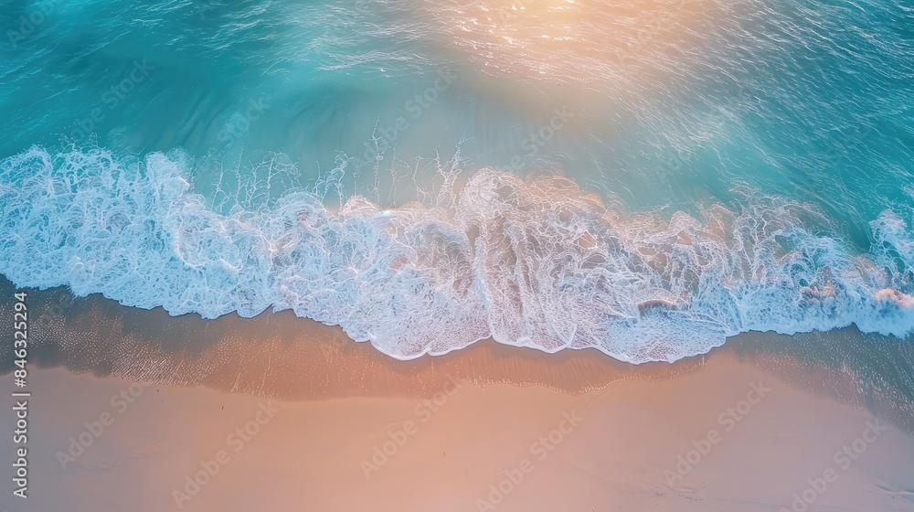 Aerial view of a deserted beach with a clear blue sky during summer at sunrise