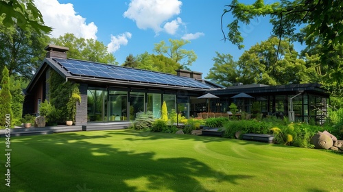 Sleek green modern luxury house with large windows, surrounded by lush greenery and sustainable features.  © MuhammadJunaid