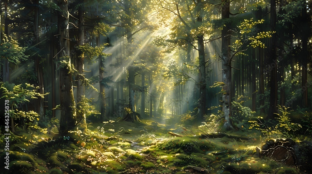 Captivating Woodland Solace Sunlight Streaming Through Towering Trees Casts Dappled Shadows Upon a Lush Mossy Forest Floor Captivating Woodland Solace Sunlight Streaming Through Towering Trees Casts Dappled Shadows Upon a Lush Mossy Forest Floor
