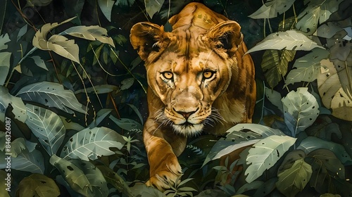 Fierce Lioness Prowling Through Lush Jungle Foliage Intense Gaze Piercing