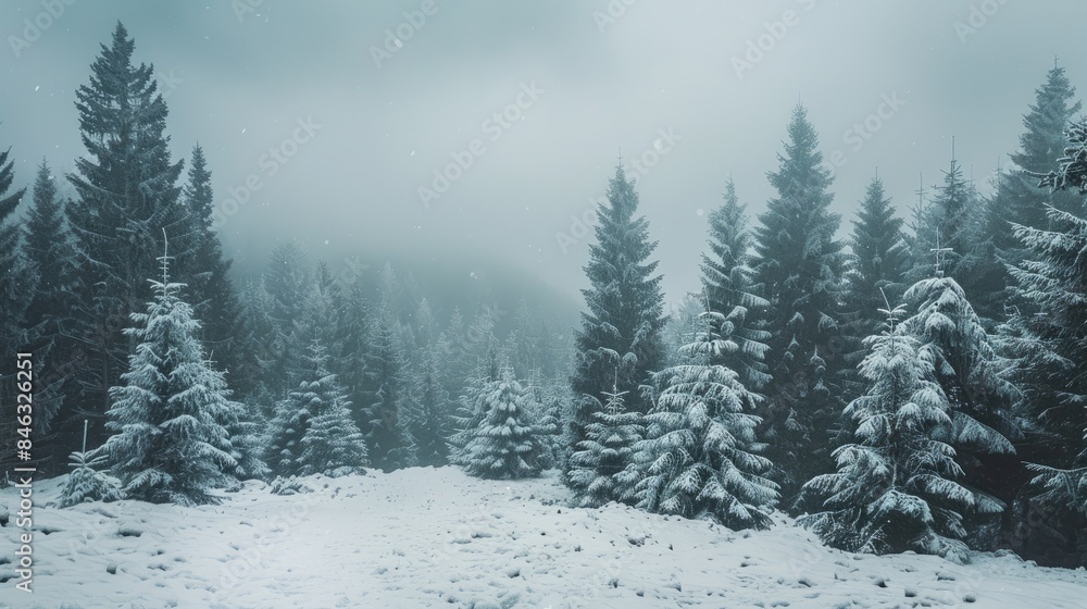Snow covered trees in a charming Northern European forest on a cloudy winter day Snow covered trees in a charming Northern European forest on a cloudy winter day