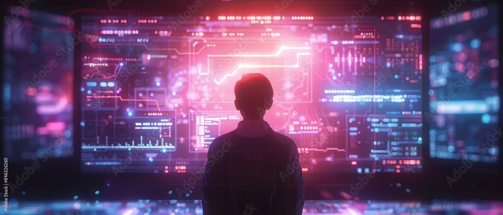 An innovative AR interface hovering behind a person, displaying interactive digital elements in a futuristic and sleek style Reflect the seamless integration of technology and reality An innovative AR interface hovering behind a person, displaying interactive digital elements in a futuristic and sleek style Reflect the seamless integration of technology and reality
