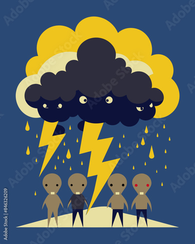 Their mind was a battlefield as the clouds unleashed a storm of unkind phrases.. Vector illustration