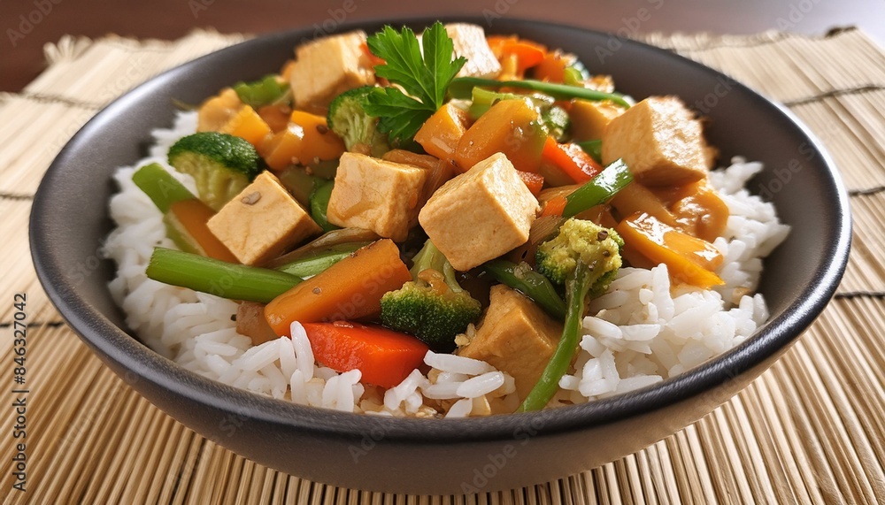 A bowl full of colorful vegetable stir-fry with tofu, served on jasmine rice A bowl full of colorful vegetable stir-fry with tofu, served on jasmine rice